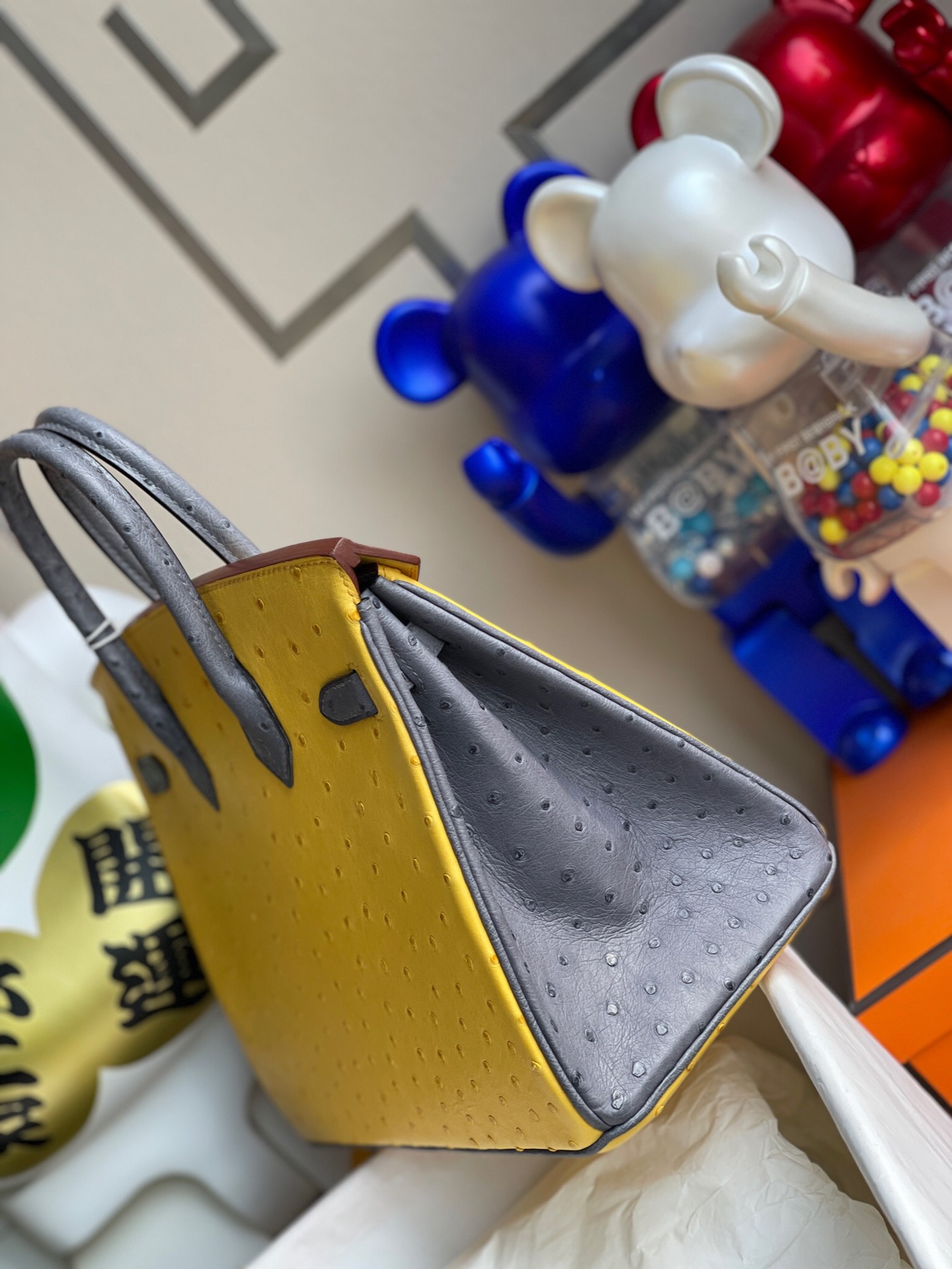 에르메스 버킨백25 앰버 옐로우 그레이 금장 타조가죽